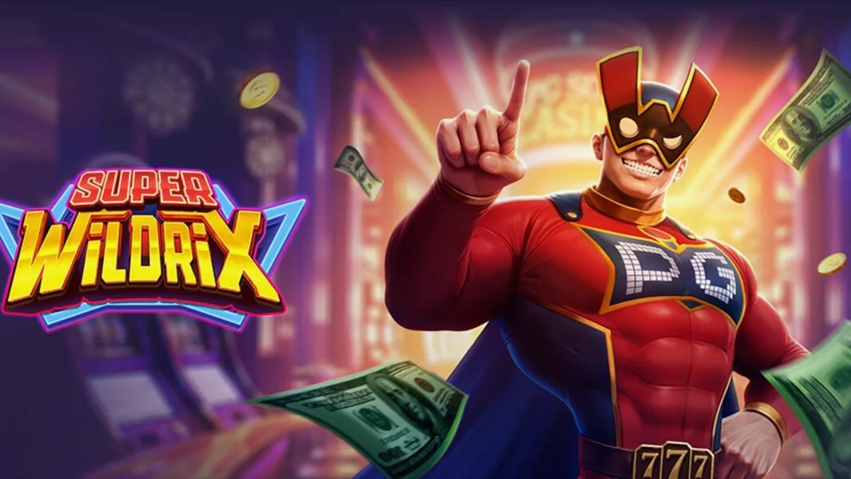 Pahlawan super berdiri di depan latar belakang kota neon dalam slot Super Wildrix
