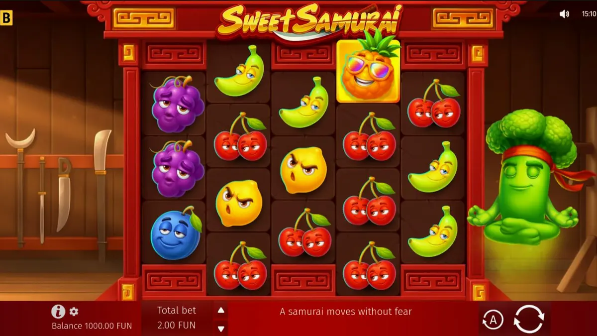 Broccoli Samurai dalam latar dojo slot Sweet Samurai